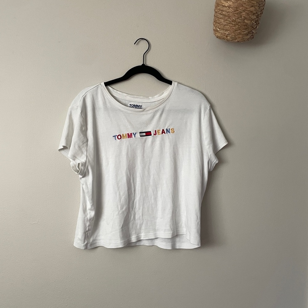 Tommy white t in rainbow colors